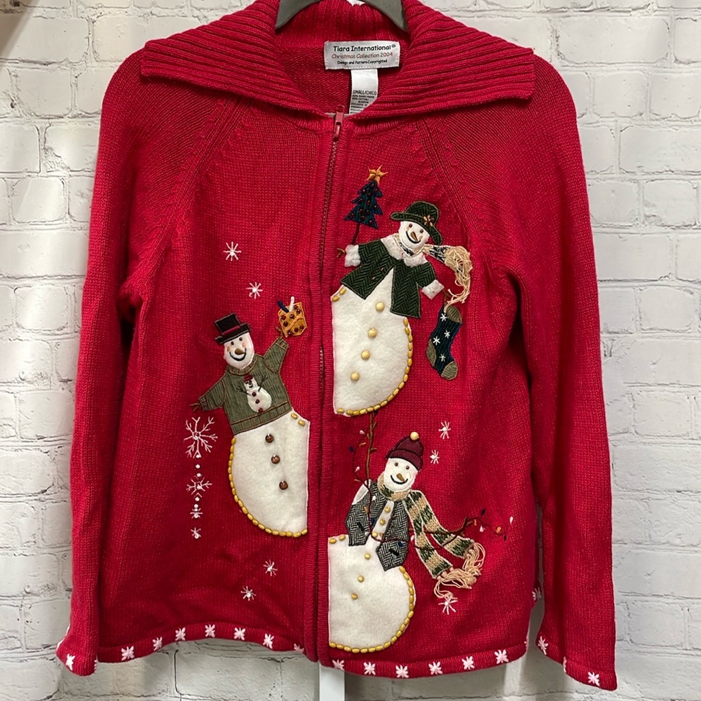 Tiara International 2004 snowman themed embroidered zip front cardigan s…